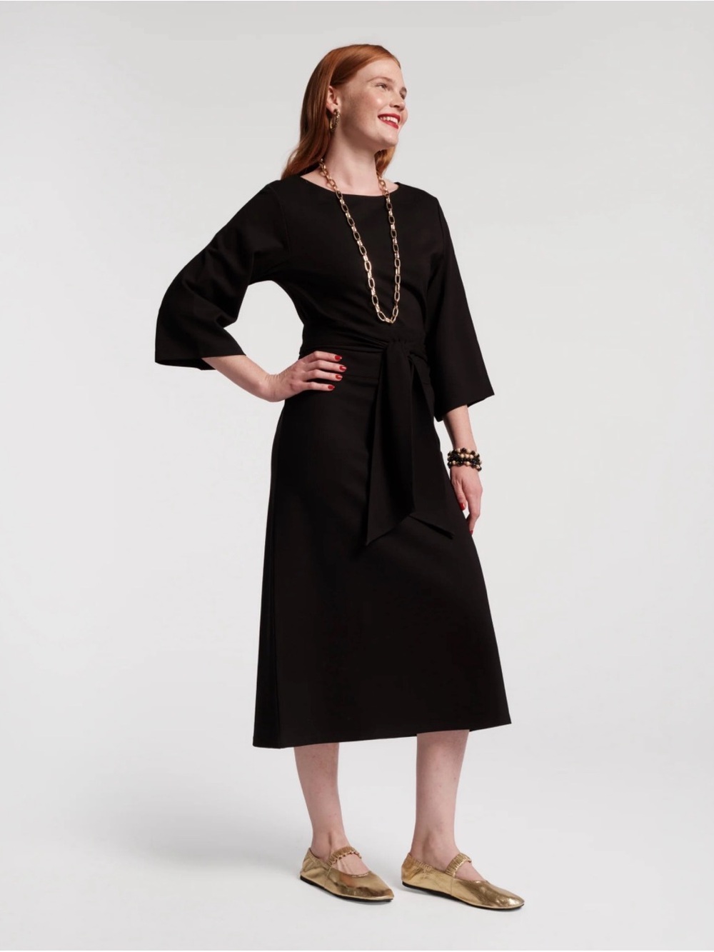 NWT Frances Valentine Whitney Black Midi Dress with Tie Waist